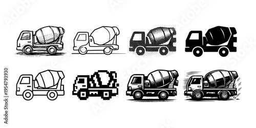 Collection of concrete mixer truck icons in various artistic styles and formats