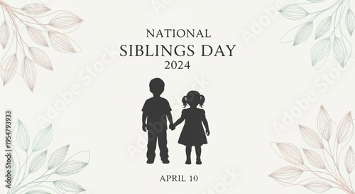 National siblings day april 10th silhouette of a boy and girl holding hands on a beige background with floral illustrations