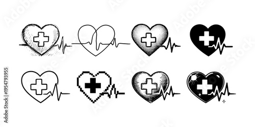 Collection of diverse heart and electrocardiogram medical symbols in black and white