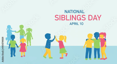 National siblings day colorful illustration with diverse kids and family members