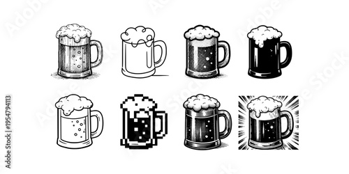 Collection of diverse beer mugs with frothy foam, rendered in various artistic styles