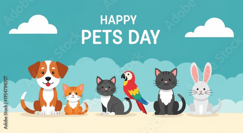 Happy pets day animals line up on sandy beach with blue sky and clouds featuring dog cat kitten parrot and bunny