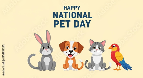 Happy national pet day celebration with adorable animals lineup