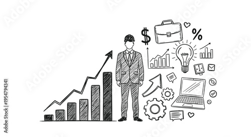 Vector illustration of businessman with finance and business icons