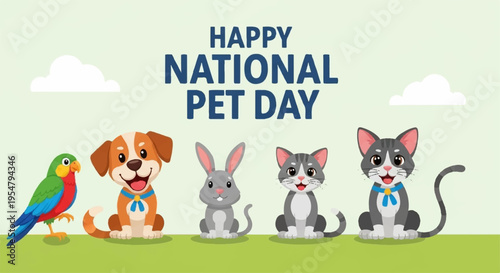 Happy national pet day celebration with animals lineup
