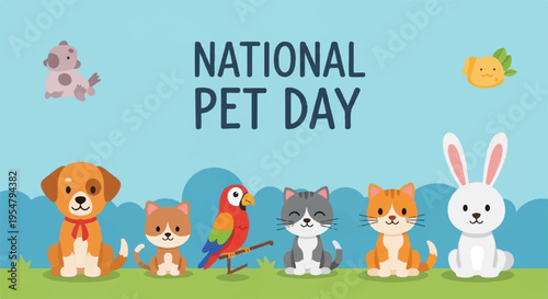 National pet day celebration with cute animals dog cat bird rabbit and hamster on green grass