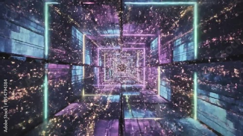 Abstract futuristic tunnel with neon lights and digital data flow.