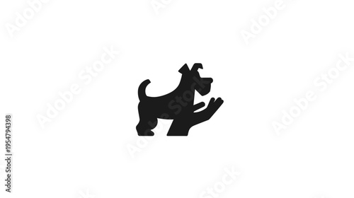 Monochromatic silhouette of a dog standing on a human hand, symbolizing pet care, animal welfare, and companionship