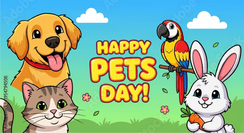 Happy pets day cartoon dog cat parrot and rabbit friends celebrate together outdoors