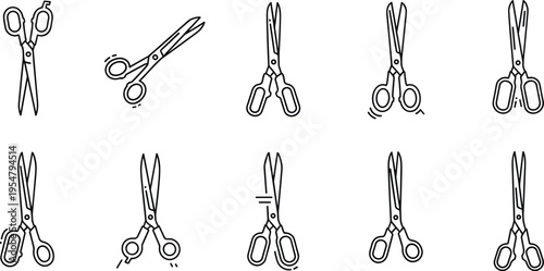 Hairdressing scissors set with cutting positions barber tools line art vector illustration