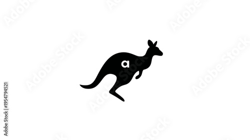 Dynamic black kangaroo silhouette with lowercase letter 'a' cutout. Modern minimalist animal graphic design icon on white background.