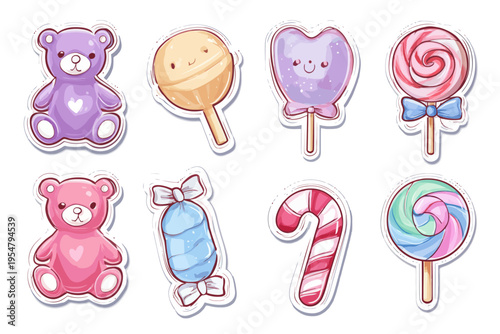 Cute cartoon candy and toy bear stickers with lollipop and candy cane designs