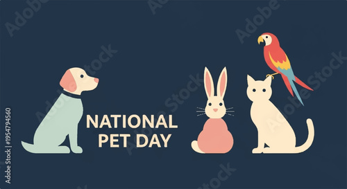National pet day celebration with dog rabbit cat and parrot on dark background