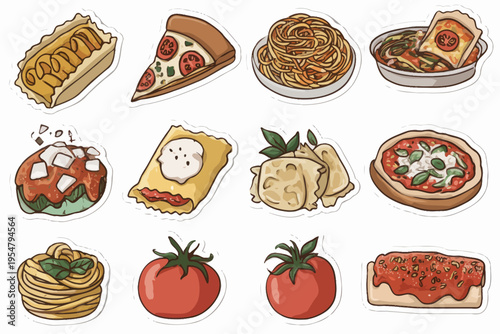 Italian cuisine stickers: pizza, pasta, tomatoes, ravioli, lasagna art collection