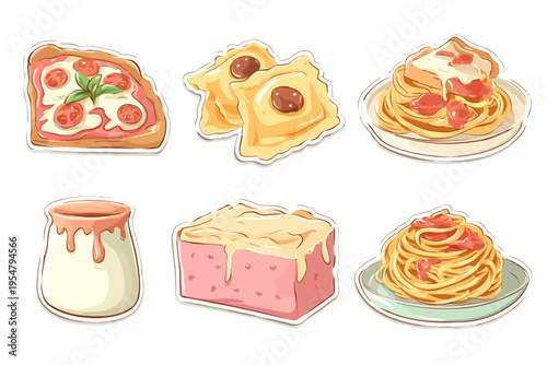 Delicious italian cuisine stickers: pizza, pasta, sauce, ravioli, and cheese