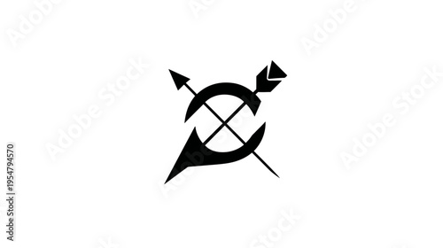 Abstract black silhouette of an arrow striking a stylized circular target or crosshair, depicting precision, goal achievement, and success concept.