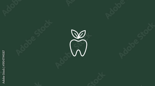 Minimalist line art icon of a healthy tooth with fresh green leaves, representing natural dental care, oral hygiene, and organic dentistry on a dark background.