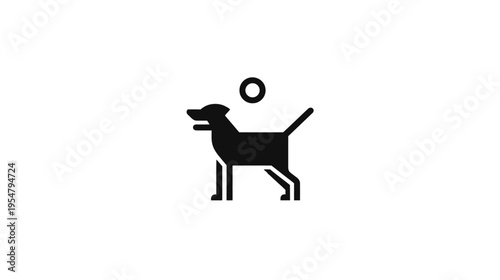 Minimalist black dog icon with a circle above its head on a white background, symbolizing pet care, animal companion, or digital concept.
