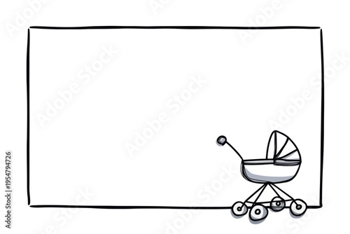 Minimalist black and white illustration of a baby stroller with blank frame