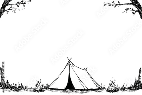Minimalist black and white tent illustration with trees in nature setting
