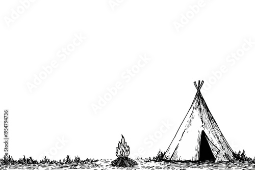 Hand-drawn teepee and campfire in simple black and white illustration