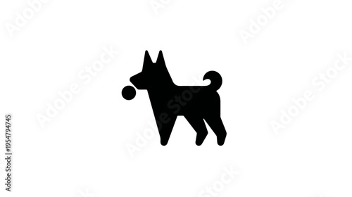 Black dog silhouette holding a ball, minimalist graphic icon illustration on white background, pet play concept.