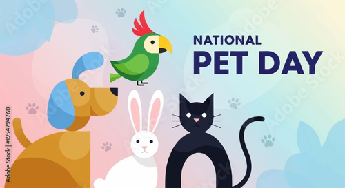 National pet day celebration with dog parrot rabbit and cat colorful background