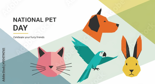 National pet day celebration with colorful animal faces and text