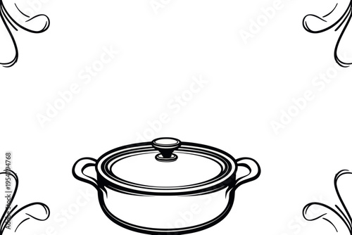 Ornate black and white casserole dish design with decorative corners