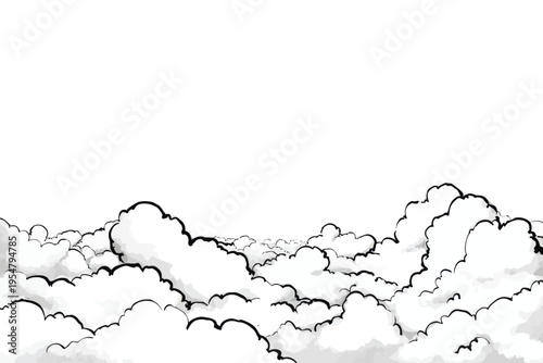 Black and white cloudscape illustration with contrast and depth