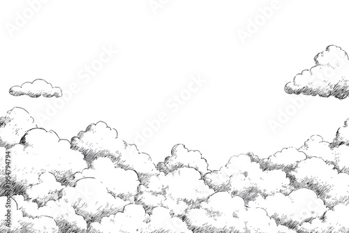 Hand-drawn cloudscape in ink on white background