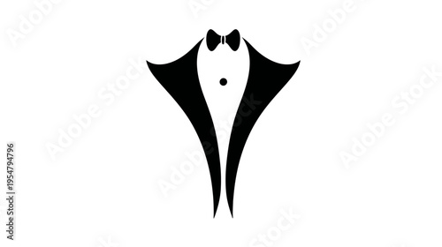 Abstract minimalist black tuxedo suit with bow tie and shirt stud, sophisticated formalwear vector graphic