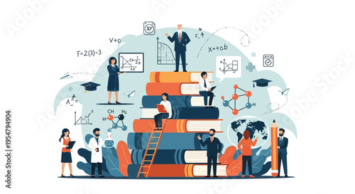 Academic Education and Science Research Concept Vector Illustration with Professional People, Books, and STEM Symbols