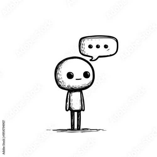 Cute black and white cartoon character with speech bubble