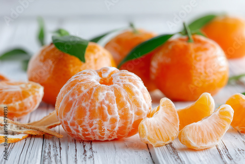 Fresh mandarin oranges on a wooden table in daylight