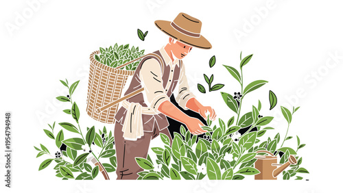 Tea Leaf Picker at Work: A tea leaf picker delicately harvests lush green tea leaves amidst a vibrant tea plantation. His dedication and skill are captured.