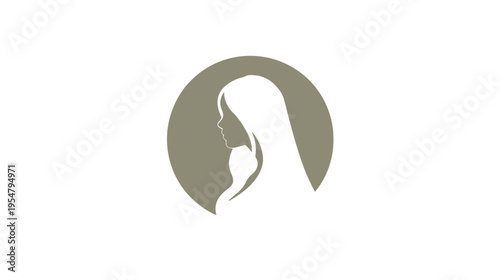 Elegant female silhouette in profile with long flowing hair inside a circle, minimalist abstract graphic design element, beauty and womanhood concept icon