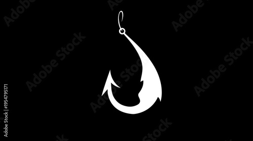 Minimalist white fishing hook graphic icon on a stark black background, symbolizing angling, hobby, and leisure.