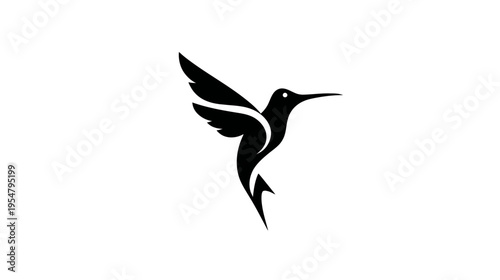 Elegant black hummingbird silhouette flying isolated on white. Minimalist bird vector graphic design element and icon.