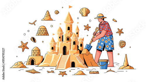 Sandy Castle Architect: A sunny scene of a person intently building a magnificent sandcastle on the shore. The design of castle showcases creativity. The summer sun provides the person a good time.