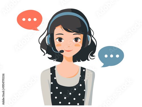 Female young asian customer service representative with headset and speech bubbles