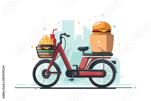Red delivery bike with burger box and fries in urban setting