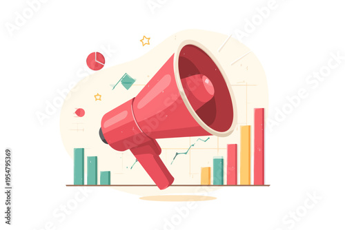 Red megaphone with charts and graphs illustrating marketing and communication trends