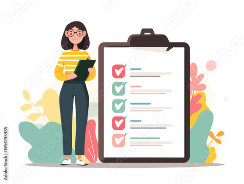 Young caucasian female cartoon with checklist and clipboard in colorful background