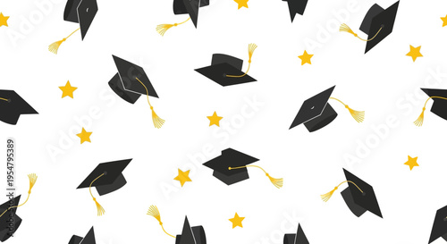 Seamless Graduation Pattern with Black Mortarboards and Golden Stars on White Background - Academic Success and Education Concept Vector Illustration