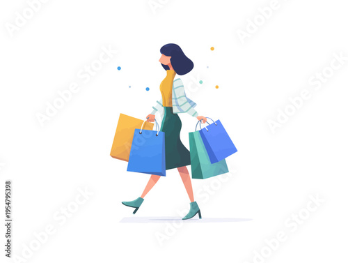 Young female shopper with bags - colorful shopping scene