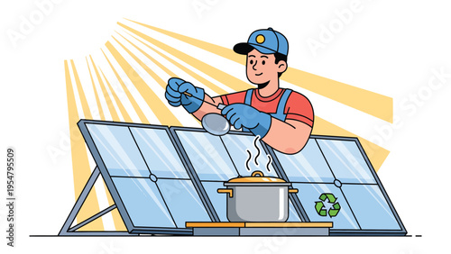 Solar Panel Chef: An innovative individual harnesses the power of the sun to cook food using solar panels. This illustration showcases a creative fusion of renewable energy and culinary art. 