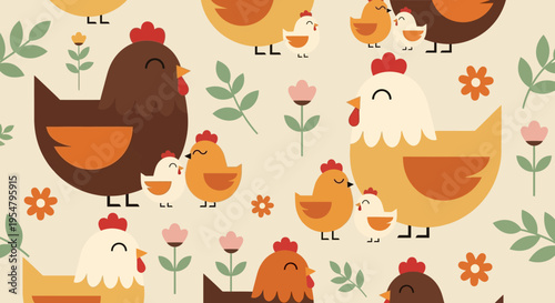 Cute Seamless Pattern with Hens, Chicks, and Flowers in Flat Design Style; Motherhood and Farm Life Concept