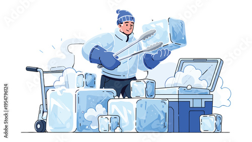 Cool Delivery: A worker expertly handles ice cubes, a testament to efficiency in cold storage and delivery, with meticulous precision.