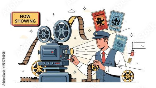 Cinema Operator: A cinema operator is depicted adjusting the reel of a classic film projector. Alongside, vintage movie posters hint at the ongoing entertainment.